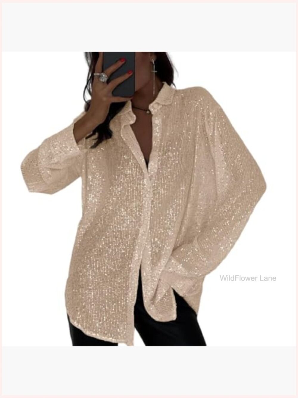Sequin Long Sleeve Button Down Shirt Open Front Glitter Blouse Tops - Picture 2 of 4